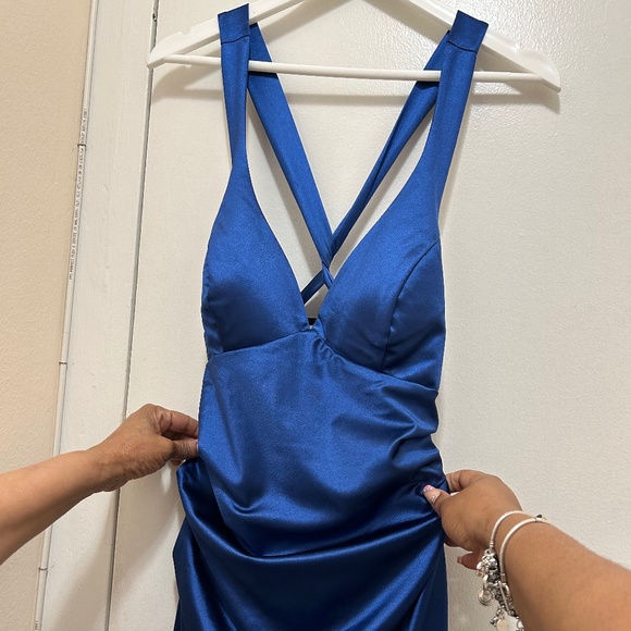 NWOT B. Darlin Sleeveless Satin X-Back Long Marine Blue Dress- Size 13/14 - Picture 4 of 13